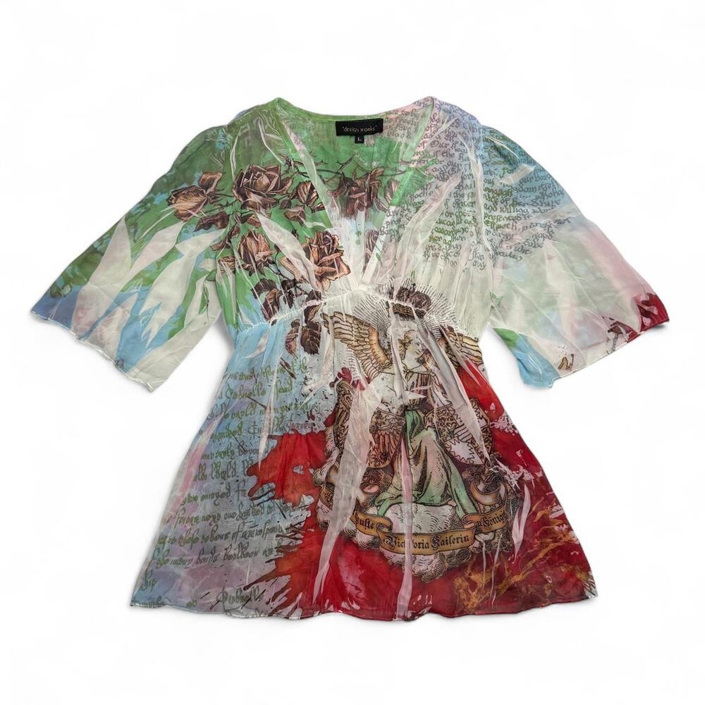 Design Works Y2K ED Hardy Styled sheer blouse graphic of a figure wings text